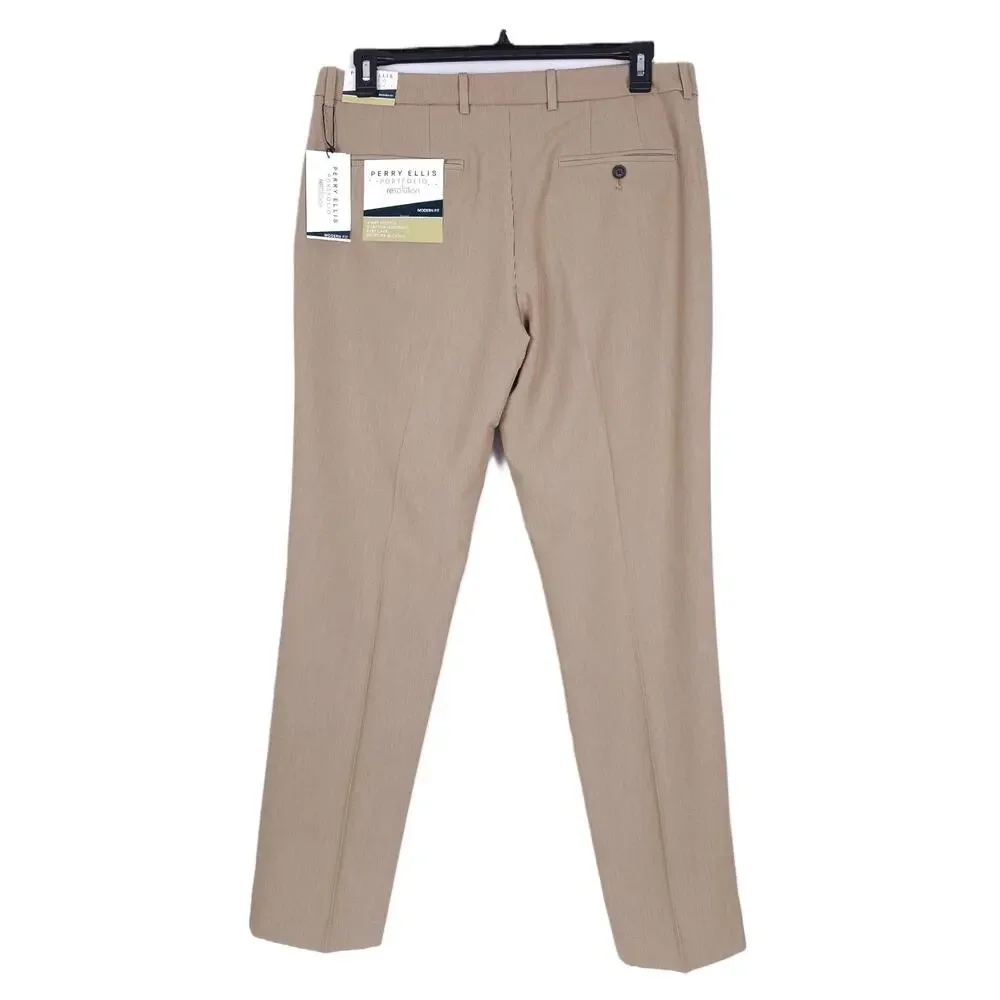 Perry Ellis Mens Modern Fit Dress Pants 33x32 Beige Elmwood Solid Stretch NWT
